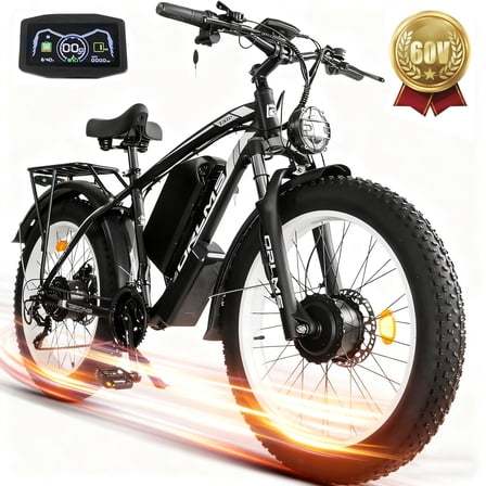 5000W Peak Dual Motor AWD Electric Bike, 60V 25AH 21-Speeds 45MPH 26" Fat Tire Mountain Snow E Dirt Bicycle
