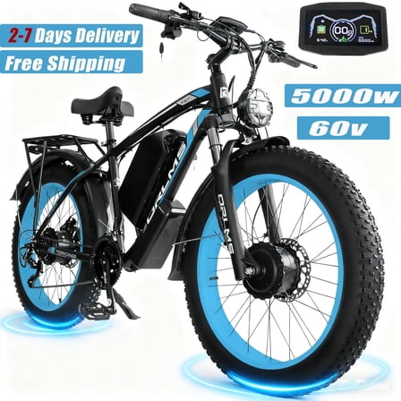 5000W Peak Dual Motor AWD Electric Bike, 60V 25AH 21-Speeds 45MPH 26" Fat Tire Mountain Snow E Dirt Bicycle