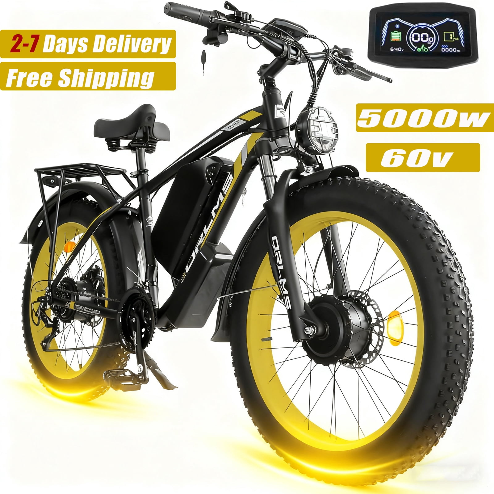 5000W Peak Dual Motor AWD Electric Bike, 60V 25AH 21-Speeds 45MPH 26" Fat Tire Mountain Snow E Dirt Bicycle