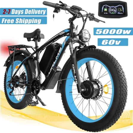 5000W Peak Dual Motor AWD Electric Bike, 60V 25AH 21-Speeds 45MPH 26" Fat Tire Mountain Snow E Dirt Bicycle