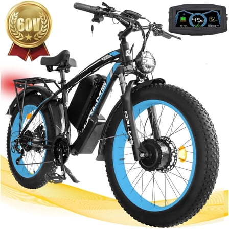 5000W Peak Dual Motor E-Bike, 60V 25AH Battery Electric Bike for Adults, 45MPH Mountain AWD 21-Speed Snow E-Bike with 24" x 4.0 Fat Tire, Long Range Mountain Dirt Off-Road