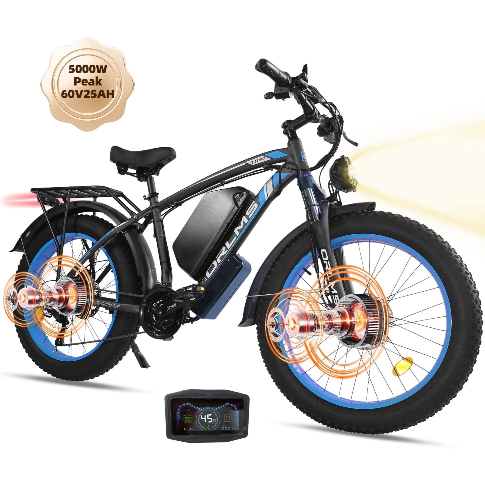 5000W Peak Dual Motor E-Bike, 60V 25AH Battery Electric Bike for Adults, 45MPH Mountain AWD 21-Speed Snow E-Bike with 26" x 4.0 Fat Tire, Long Range Mountain Dirt Off-Road
