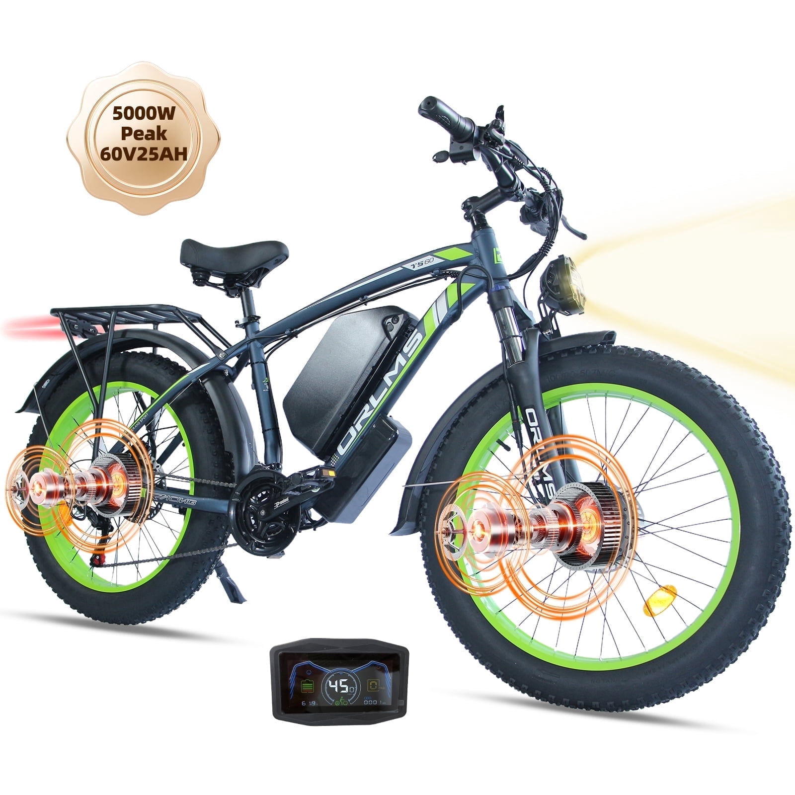 5000W Peak Dual Motor E-Bike, 60V 25AH Battery Electric Bike for Adults, 45MPH Mountain AWD 21-Speed Snow E-Bike with 26" x 4.0 Fat Tire, Long Range Mountain Dirt Off-Road