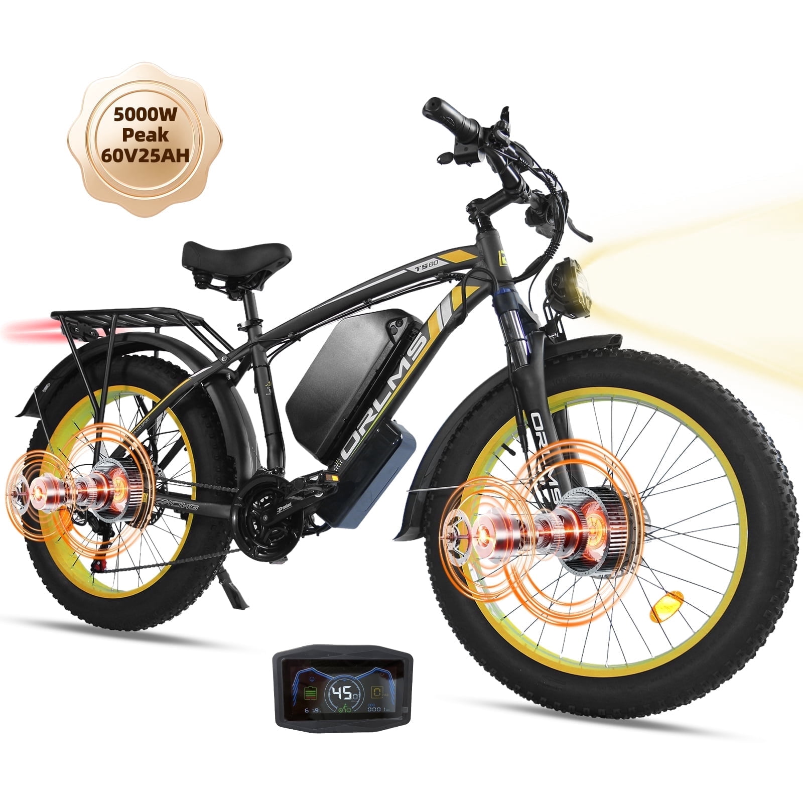 5000W Peak Dual Motor E-Bike, 60V 25AH Battery Electric Bike for Adults, 45MPH Mountain AWD 21-Speed Snow E-Bike with 26" x 4.0 Fat Tire, Long Range Mountain Dirt Off-Road