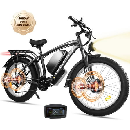 5000W Peak Dual Motor E-Bike, 60V 25AH Battery Electric Bike for Adults, 45MPH Mountain AWD 21-Speed Snow E-Bike with 26" x 4.0 Fat Tire, Long Range Mountain Dirt Off-Road