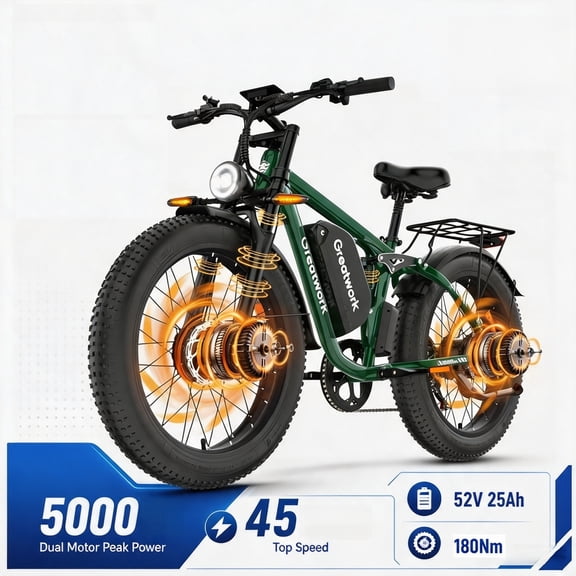 5000W Peak Dual Motor Electric Bike for Adults, 52V 25AH 7-Speed 45MPH AWD Mountain E-Bike, 26" Fat Tire MTB Full Suspension Ebike UL2849