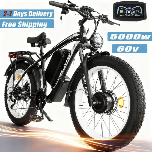 5000W Peak Dual Motor Ebike, 60V 25AH AWD Electric Bicycle, 21-Speeds 45MPH 26" Fat Tire Mountain Snow E Dirt Bike for Adults
