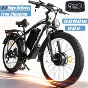 5000W Peak Dual Motor Ebike, 60V 25AH AWD Electric Bicycle, 21-Speeds 45MPH 26 Fat Tire Mountain Snow E Dirt Bike for Adults
