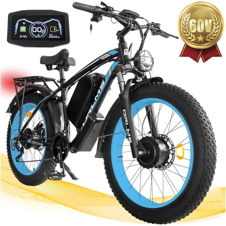 5000W Peak Dual Motor Ebike, 60V 25AH Battery Electric Bike for Adults, AWD 21-Speed 45MPH Mountain Snow E-Bike with 24" x 4.0 Fat Tire, Long Range Mountain Dirt Bike for Off-Road Snow Sand