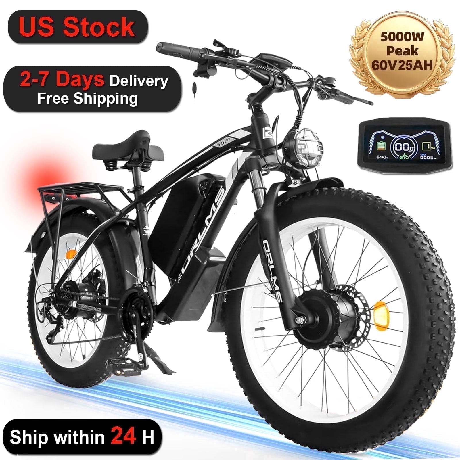 (US in Stock) 5000W Peak Dual Motor Electric Bike for Adults , 60V 25AH Removable Battery Ebike , 45-50MPH AWD 21-Speed Mountain E-Bike with 26" x 4.0 Fat Tire, Off-Road Snow EBikes