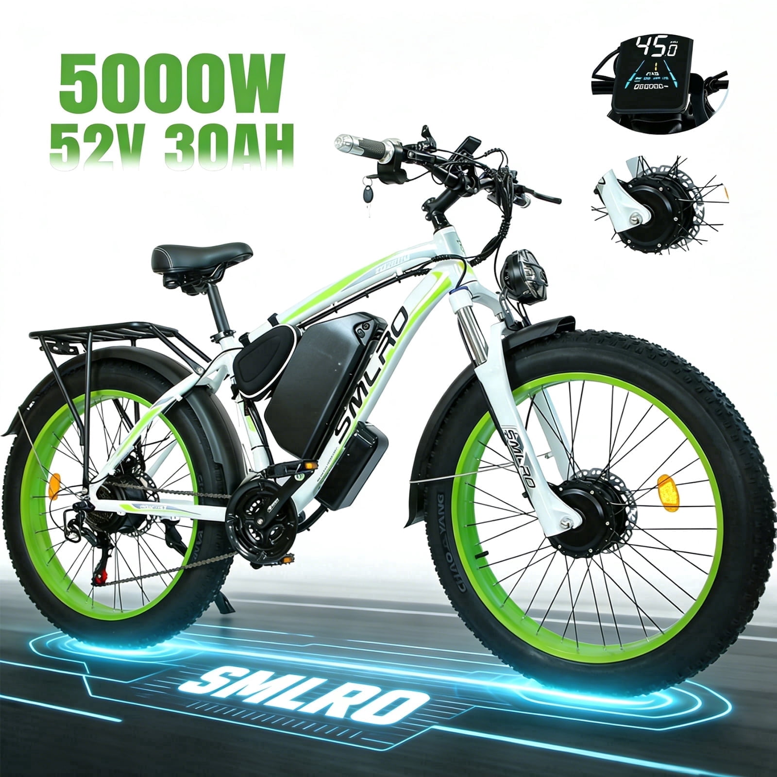 5000W (Peak) Electric Bike for Adults, 26x4.0 Fat Tire E-Mountain Bicycle, 52V-30Ah Removable Battery Ebike, Electric Motorcycle Beach Snow Ebike for Men, Green