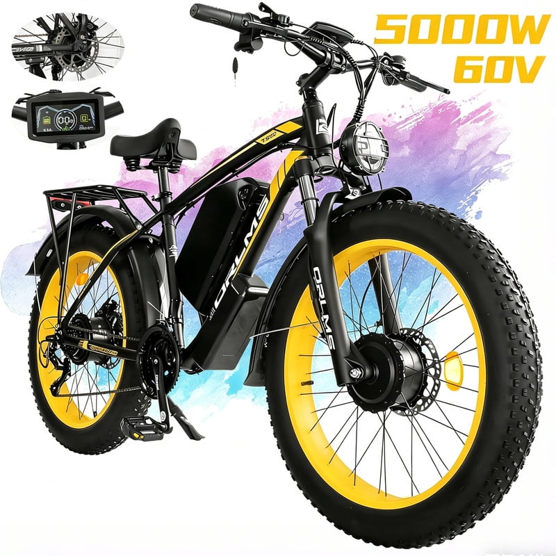 5000W (Peak) Electric-Bike for Adults, 60V 25AH Battery Electric Motorcycle, Dual-Motor-Ebike 50MPH Ebike, 26*4.0 Fat Tire Electric-Bicycle, AWD 21-Speed Mountain Bike for All-Road UL 2849