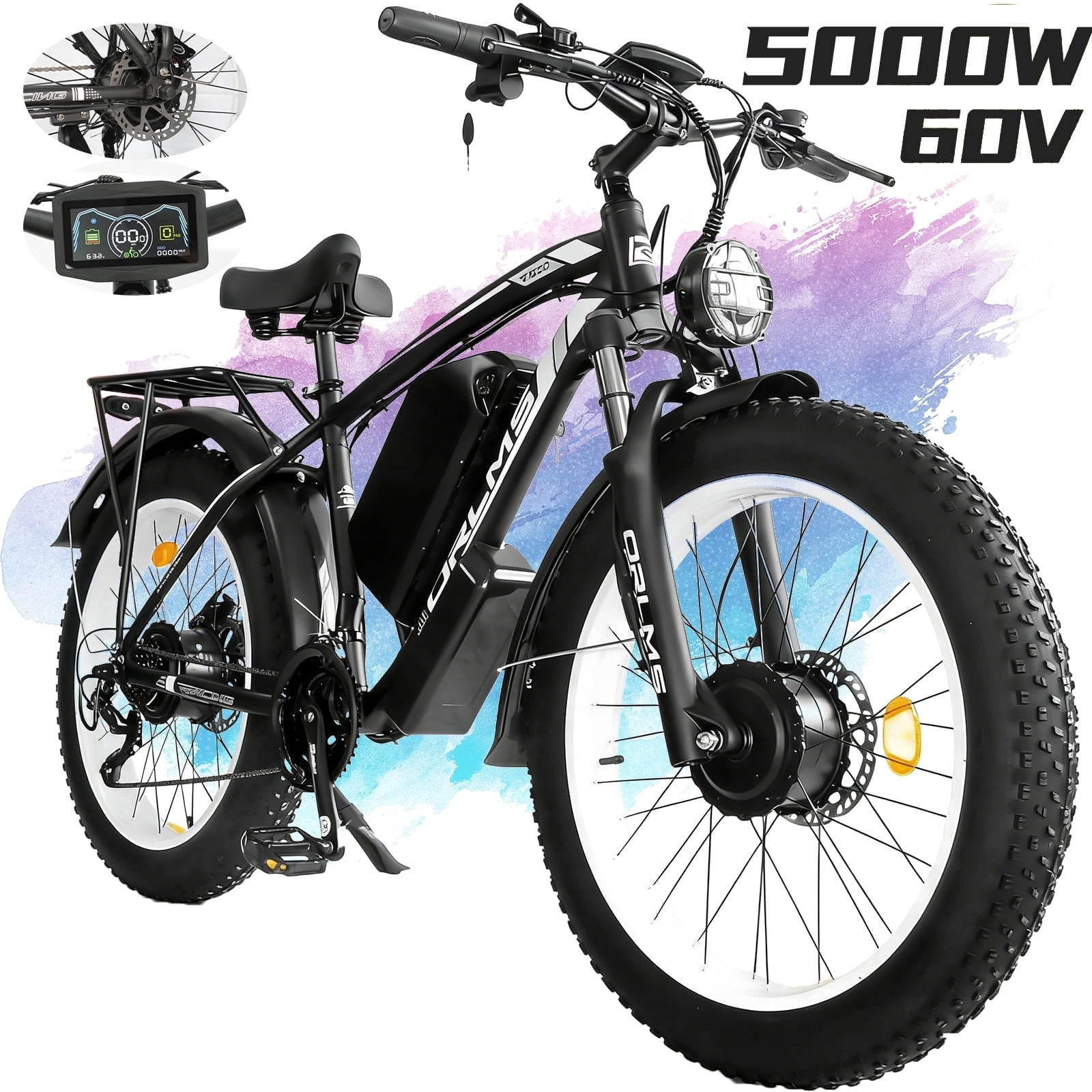 5000W (Peak) Electric-Bike for Adults, 60V 25AH Battery Electric Motorcycle, Dual-Motor-Ebike 50MPH Ebike, 26*4.0 Fat Tire Electric-Bicycle, AWD 21-Speed Mountain Bike for All-Road UL 2849
