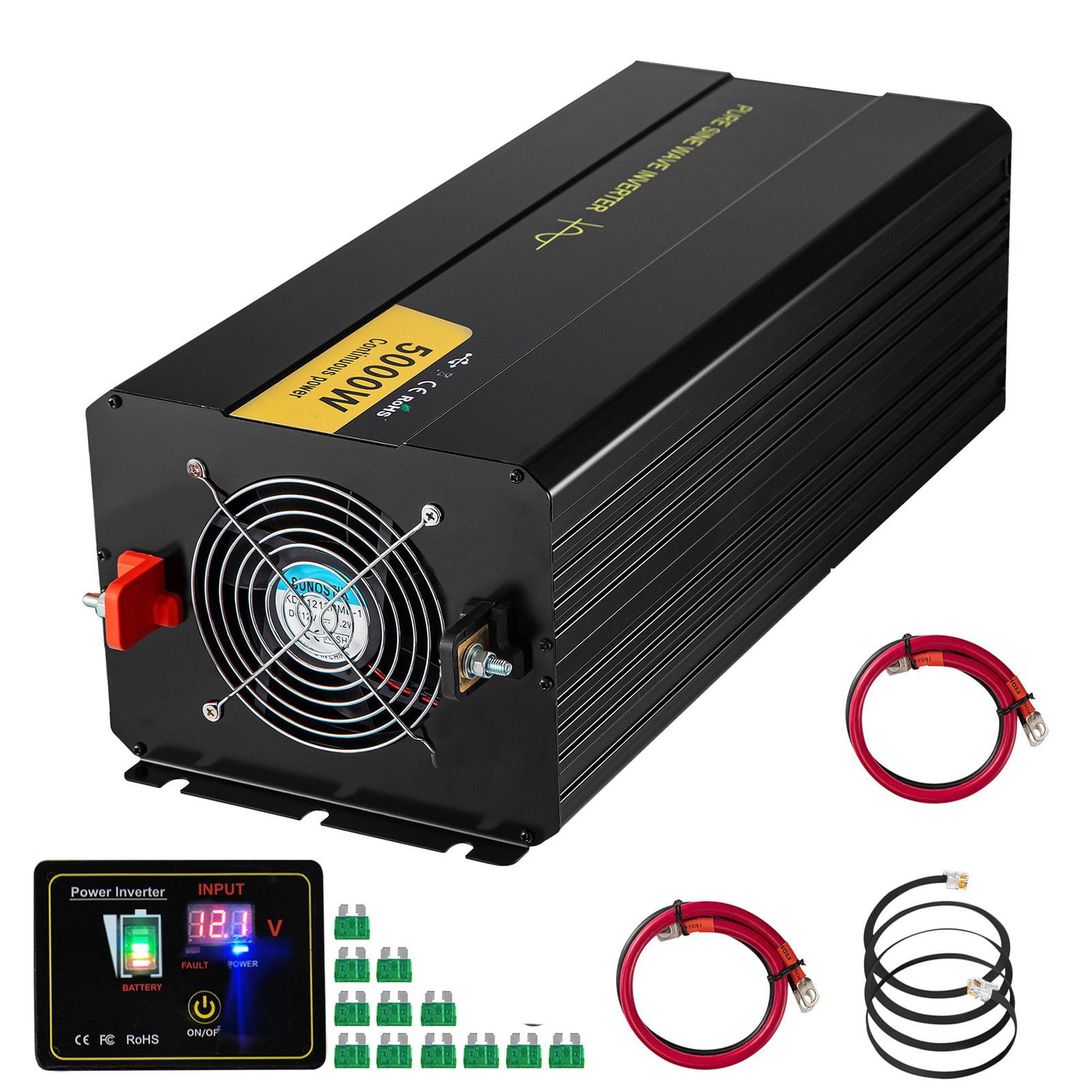 5000W Pure Sine Wave Power Inverter, DC 12V to AC 120V Car Power Converter, LCD Display, USB Port & Remote Control, for RV, Truck and Solar System
