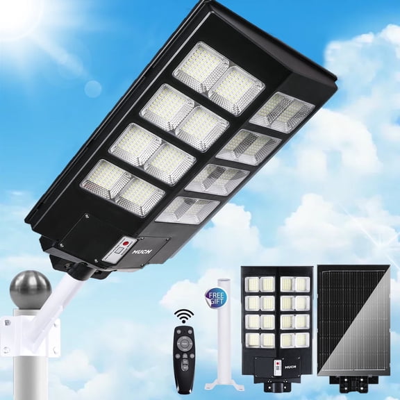 MUCH 5000W Solar Street Light Outdoor LED Lighting, IP67 Waterproof, 220° Wide Angle Lighting, with Human Body Sensor and Light Control, Remote Control Operation,  for Driveway and Parking Lot