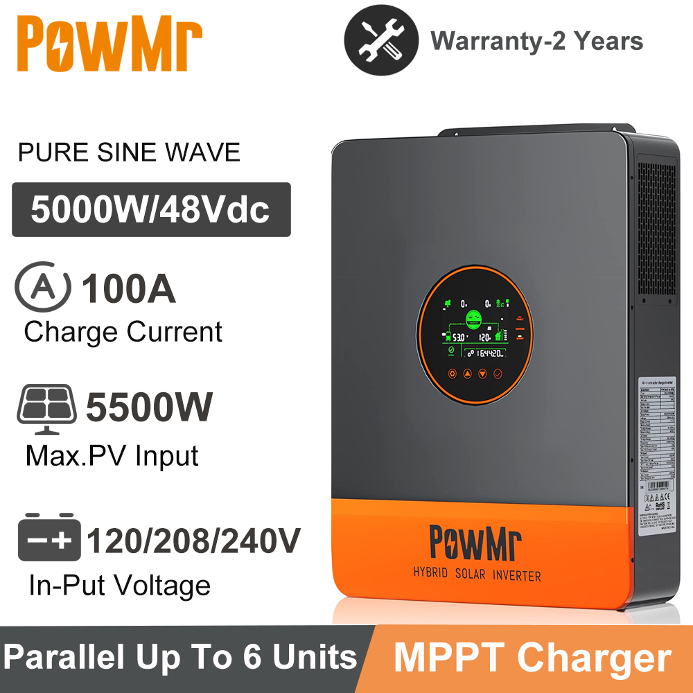 5000W Split Phase120V 110V AC Grid Tie 48V All In One Hybrid Inverter Built 100A MPPT Solar Charger Max Parallel 6 Inverters