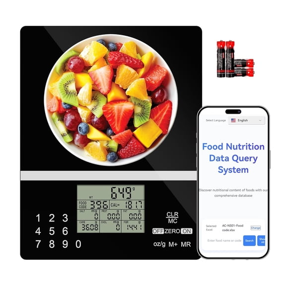 5000g Smart Nutrition Scale, Kitchen Scale with Food Code, for Meal Prep, Portion Control, Baking, Weight Loss, 4 Units, Tare Function, Batteries Included
