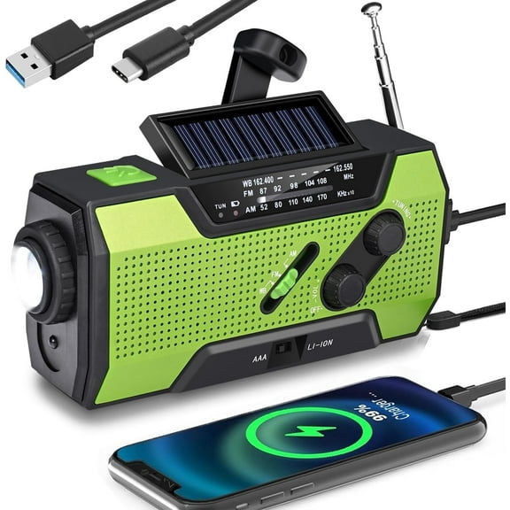 Emergency Radio Solar Hand Crank AM/FM/NOAA Portable Weather Radio with Phone Charger, LED Flashlight, Reading Lamp, SOS Alarm, USB Charged (Green)