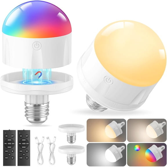 5000mAh Rechar able Light Bulbs with Remote: E26 Led Battery Operated Light Bulb with 10 Colors & Timer for Sconces & Lamps - Dimmable Cordless Magnetic Bulbs with Remote for Non-Hardwired Fixture