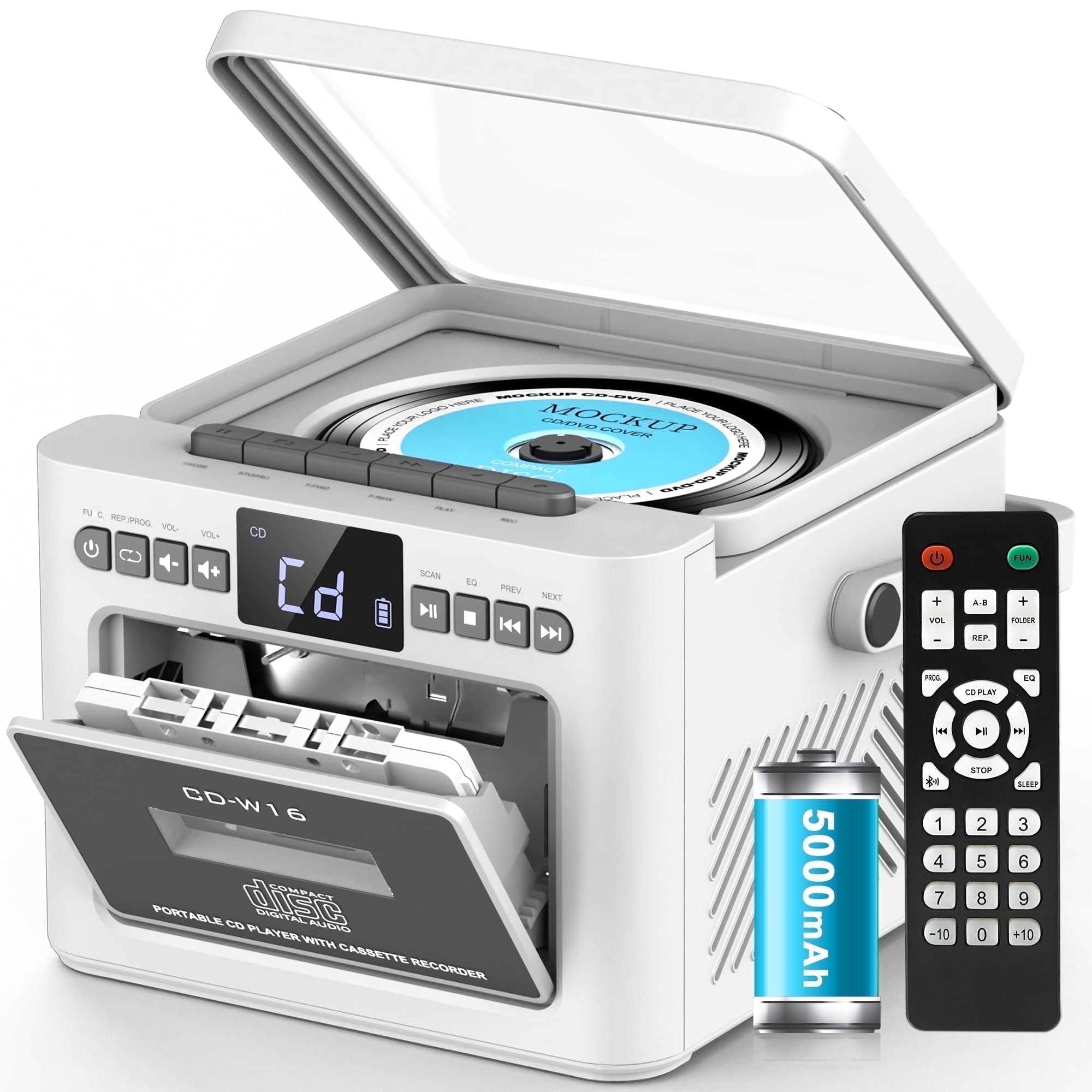 Greadio Rechargeable CD Cassette Player Boombox, Bluetooth, FM