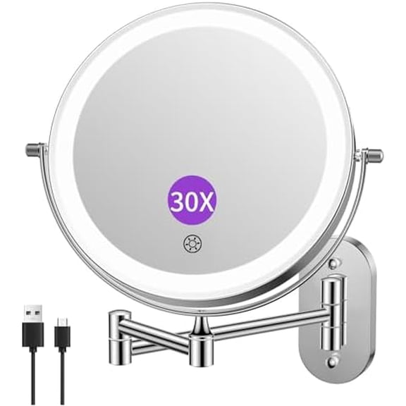 5000mAh Rechargeable Wall Mounted Lighted Makeup Vanity Mirrors, Double Sided 1X 30X Magnifying, 3 Color Lighting,  Screen Dimming, Extended Arm 360 Rotation Shaving Bathroom Mirror