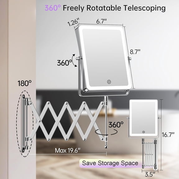 5000mAh Rechargeable Wall Mounted Makeup Mirror with Lights, 8.7 Inch Double Sided Touch Switch 1X 30X Magnifying Bathroom Mirror, 3 Color Lights Dimmable Extended Arm 360 ° Rotation (Chrome)