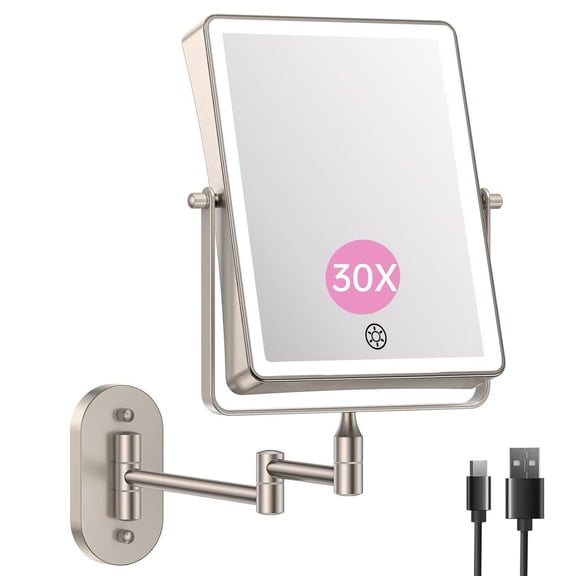 5000mAh Wall Mounted Makeup Mirror Rectangle 8.7 Inch Double Sided Touch Switch 1X 30X Magnifying 3 Color Setting Extended Arm 360 Degree Swivel Foldable Nickel