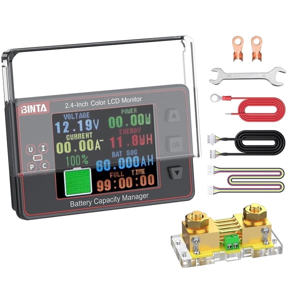 500A Battery Monitor Shunt 8-100V 2.4 Inch Color Screen for Lifepo4 Lithium Sealed Gel Flooded Batteries, Backlight Waterproof Battery Monitor with Sliding Cover for Car RV Golf Cart Solar Panel