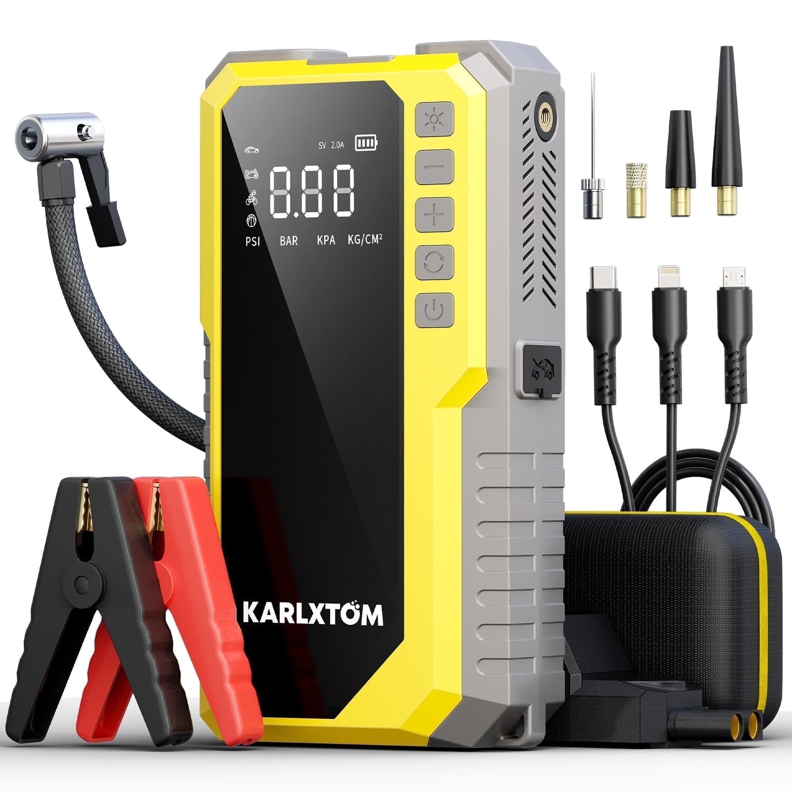 4500A Car Jump Starter with 190PSI Air Compressor, Karlxtom 88Wh Lithium Battery Jump Pack for 10L Gas 9L Diesel Engine,  Portable Jump Box
