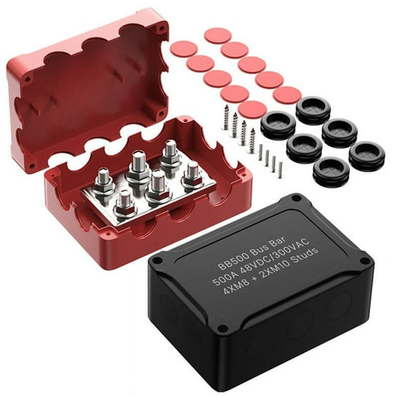 500A Marine Busbar 48V Automotive Distribution Block High Current 6 Studs with Red Black Cover Yacht Auto Junction Box