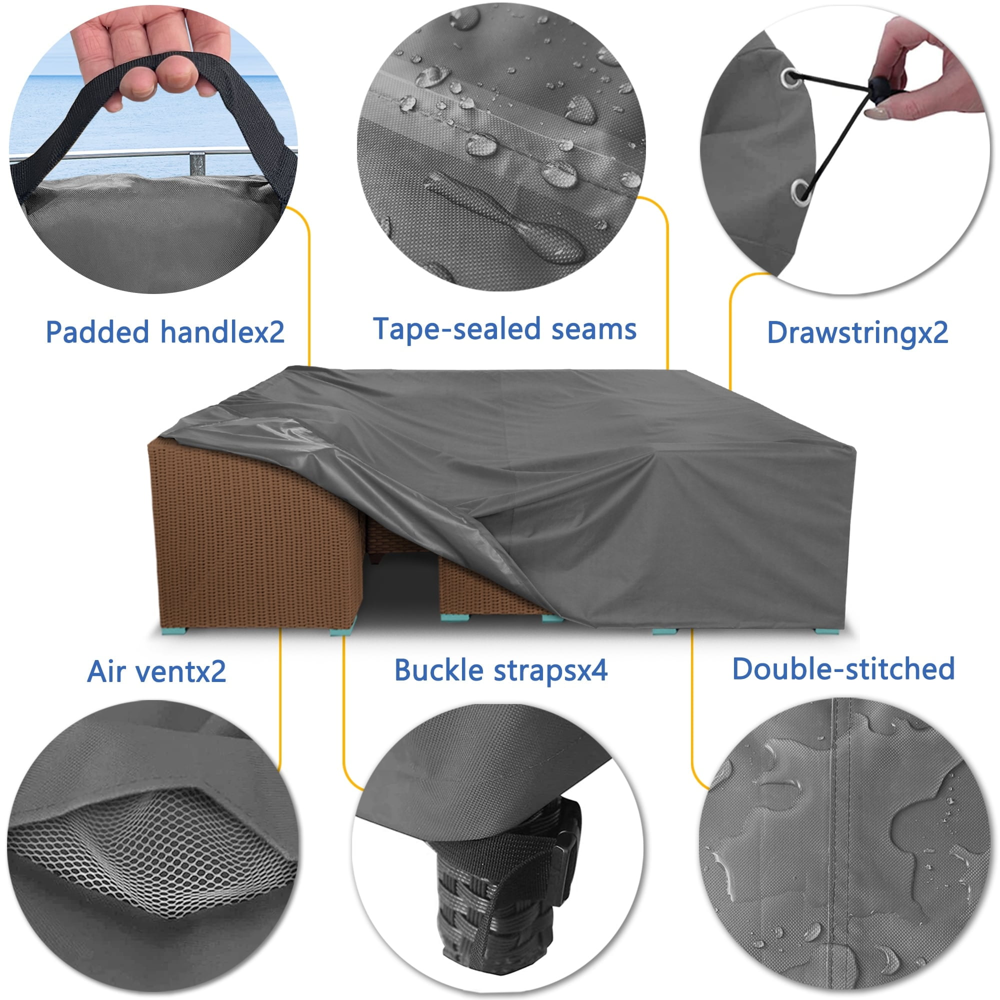 Grey Heavy Duty Waterproof Patio Furniture Cover with Buckles and Drawstrings