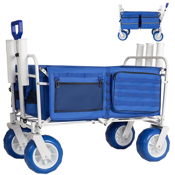 500LB Capacity Beach Wagon Cart with Chair Racks, 9" All-Terrain Wheels, Collapsible Folding Utility Wagon with Cooler Bags & Storage, Adjustable Handle for Beach Camping Garden Outdoor Sports, Blue