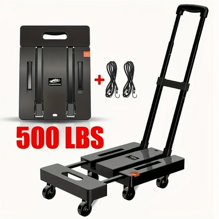 ​​"500LB Foldable Hand Truck Dolly - Retractable Handle & 4 Rubber Wheels - Heavy-Duty Convertible Cart for Home, Office & Courtyard"​