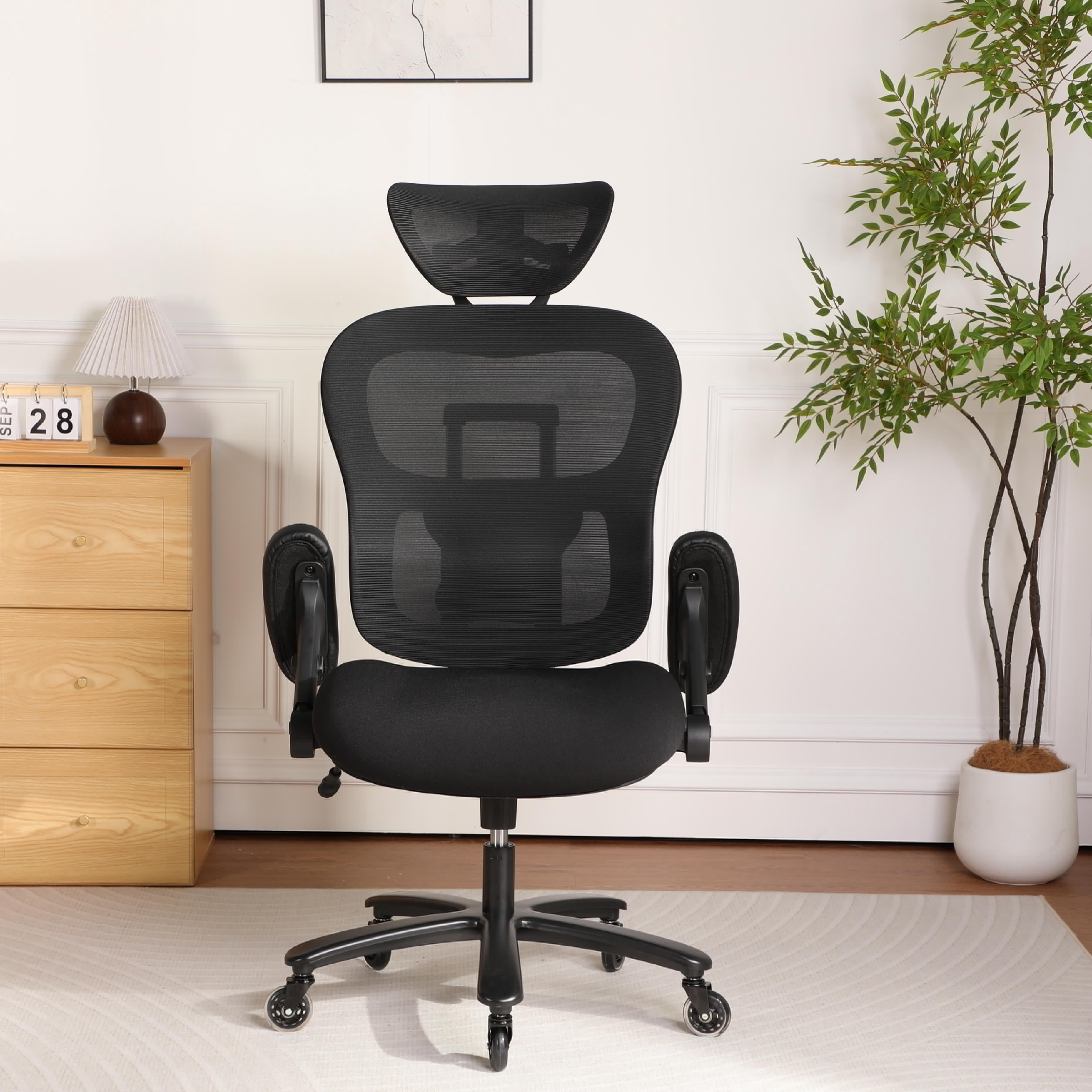 500LBS Big and Tall Office Chair Mesh Breathable, Gaming Chair with Adjustable Backrest Height & Headrest Angle & Adaptive Lumbar Lupport, Executive Computer Desk Chair with 2D Flip-Up Arms, Black