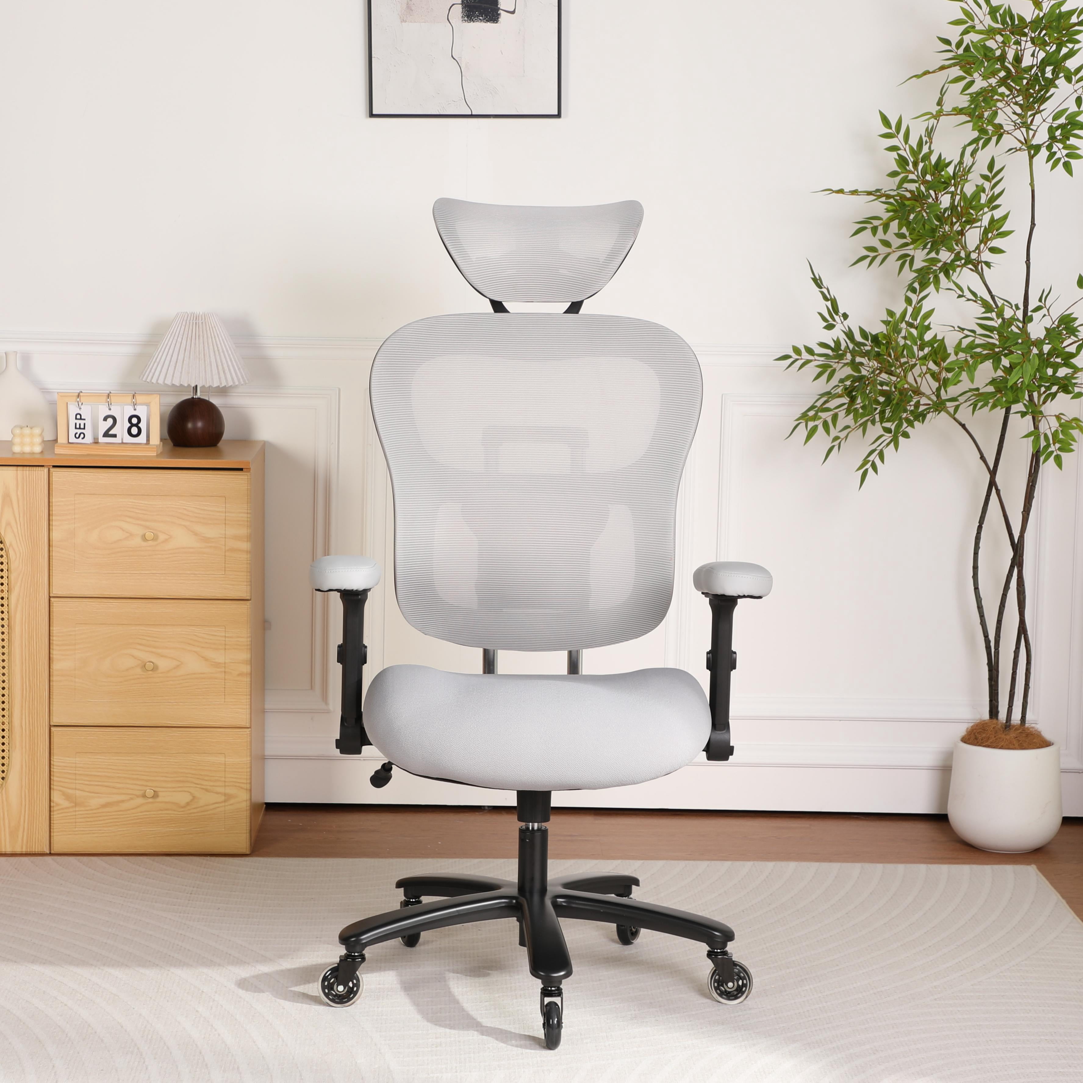 500LBS Big and Tall Office Chair Mesh Breathable, Gaming Chair with Adjustable Backrest Height & Headrest Angle & Adaptive Lumbar Lupport, Executive Computer Desk Chair with 2D Flip-Up Arms, Grey