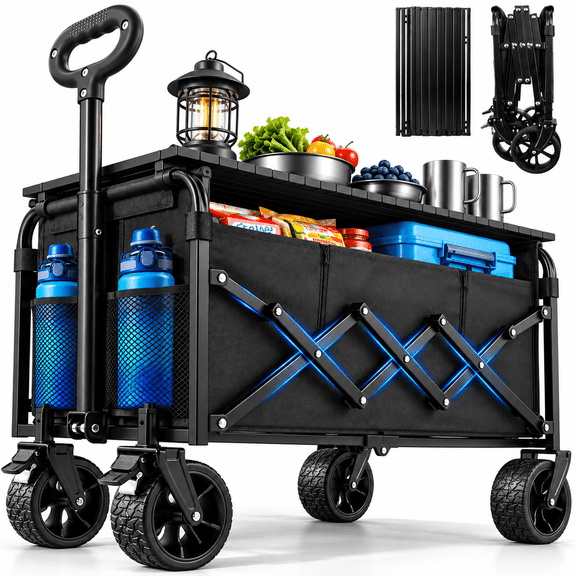 Amkurozo Collapsible Wagon Cart, 500LBS Heavy Duty 230L Folding Wagon with Table, 2 Brakes, Cup Holders & All-Terrain Wheels for Camping & Beach