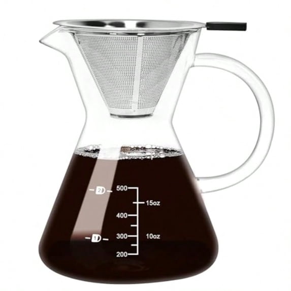 500ML 16.9oz Glass Pour Over Coffee Maker with Double Stainless Filte - 4 Cup (Approx Refers to 4 oz. Per Cup) Thickened Heat-Resistant Paperless Pour Over Coffee Dripper Perfect Extraction for Home