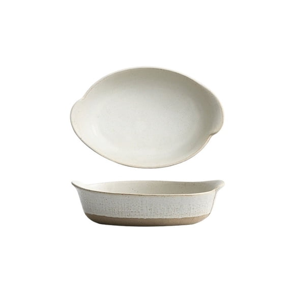 500ML Ceramic Double Ear Japanese Retro Cheese Baked Rice Plate Creative Salad Bowl Home Rectangular Coarse Ceramic Utensils