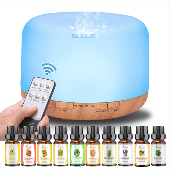 500ML Essential Oil Diffuser - 10 Oils Included, 7-Color LED for Home OfficeShallow wood grain background