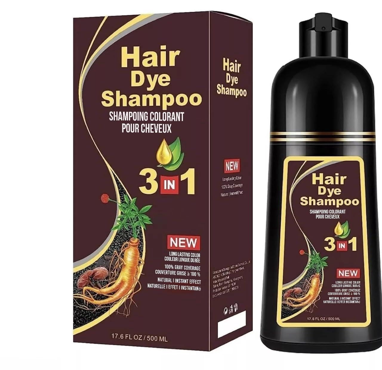 500ML Organic Natural Plant-Based Hair Color Shampoo Instant 3in1 Formula for Fast Color Coverage, Covers Gray Hair Colors Hair in Minutes Instant Herbal (Chestnut Brown)