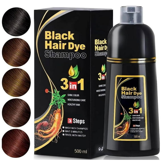 500ML Permanent Black Hair Color Dye Shampoo - Organic Natural Plant Essence for Women & Men, Covers Gray/White Hair, Instant 3-in-1 Hair Colouring Herbal Shampoo, 17 Fl Oz (BLACK)
