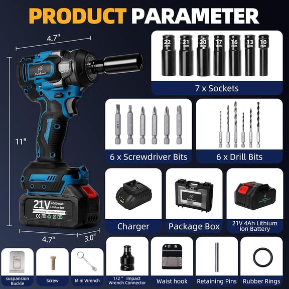 500N.m Brushless Impact Wrench with Belt Clip, 21V Battery, 7 Sockets & Bits for Auto