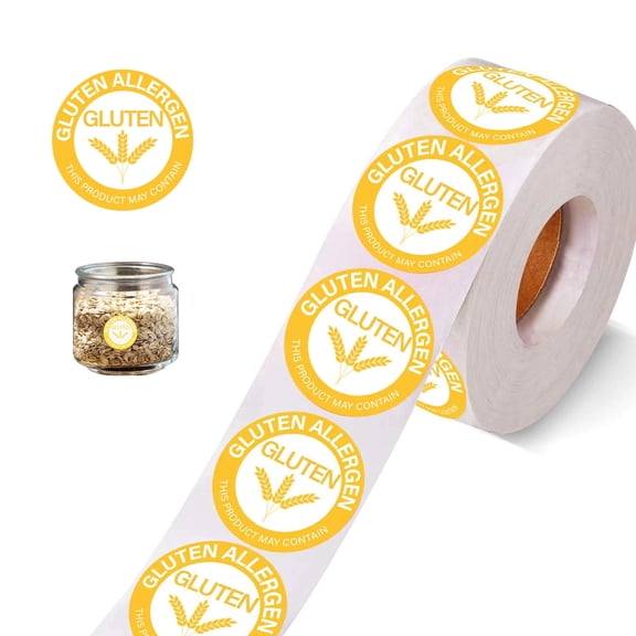 500PCS 1 Inch Gluten Allergy Warning Stickers, Round Self-Adhesive Food Allergen Labels, White & Yellow Gluten Free Alert Labels for Food Packaging, Bakery, Grocery Store & Retail Use