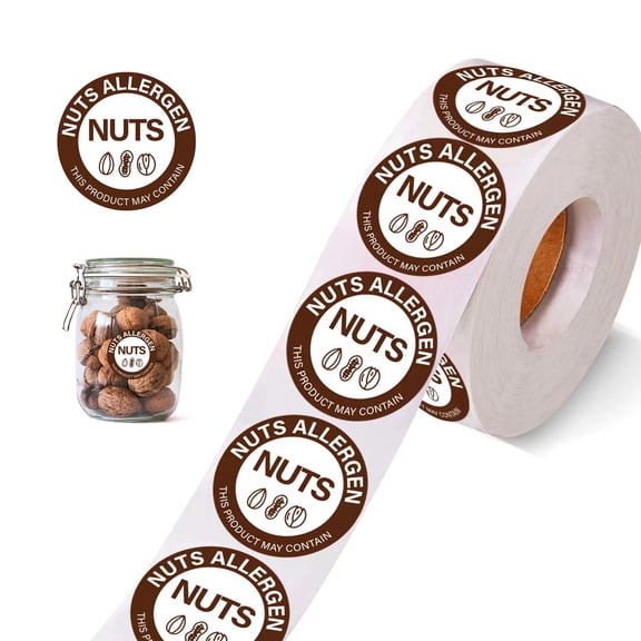 500PCS 1 Inch Nuts Allergy Warning Stickers, Round Self-Adhesive Food Allergen Labels, White & Brown Nut Alert Labels for Food Packaging, Bakery, Grocery Store & Retail Use