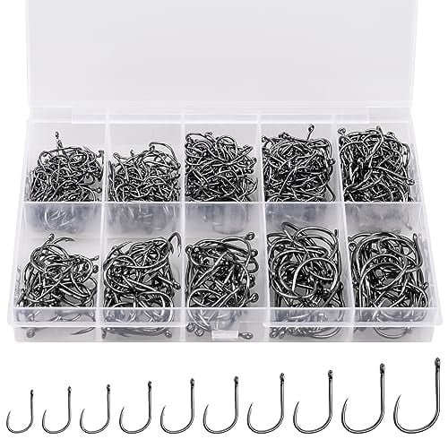 500PCS/100PCS ReeMoo Premium Fishing Hooks,10 Sizes/4 Sizes Carbon Steel Fishing Hooks W/Portable Plastic Box,Strong Sharp Fish Hook with Barbs for Freshwater/Seawater
