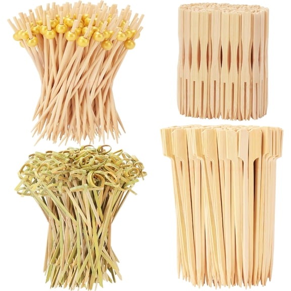 500PCS Cocktail Picks Kit, 4 Styles Fancy Toothpicks for Appetizers, 3 Sizes Long Bamboo Skewers, Decorative Wooden Cocktail Sticks for Party Supplies Food Drinks Fruit Charcuterie Boards Accessories