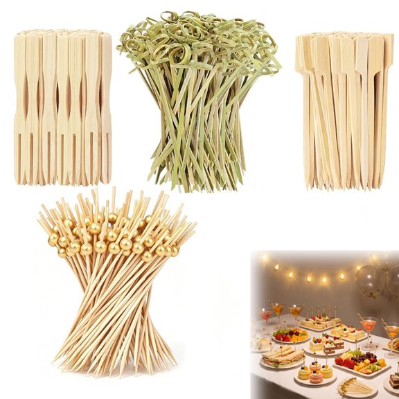 500PCS Cocktail Picks Kit, 5 Styles Natural Bamboo Skewers for Appetizers