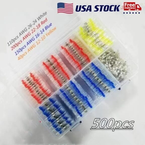 500PCS Heat Shrink Solder Seal Sleeve Connectors Waterproof Crimp Butt Terminals