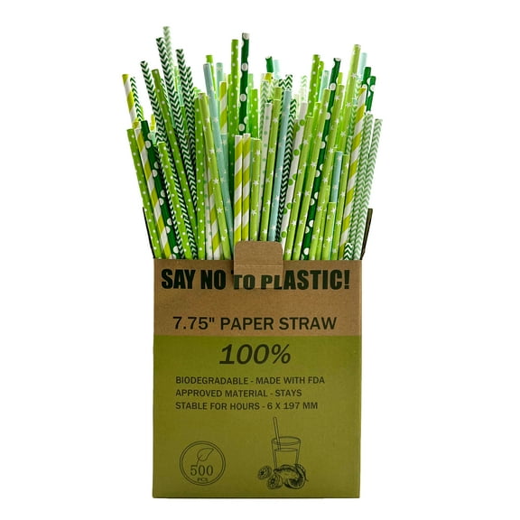 500PCS Multi-Pattern Extra Durable Paper Straws Biodegradable 100%,Assorted Rainbow Colors Striped Drinking Straws for Juices,Coffee,Restaurants and Party supplies,7.75" Green