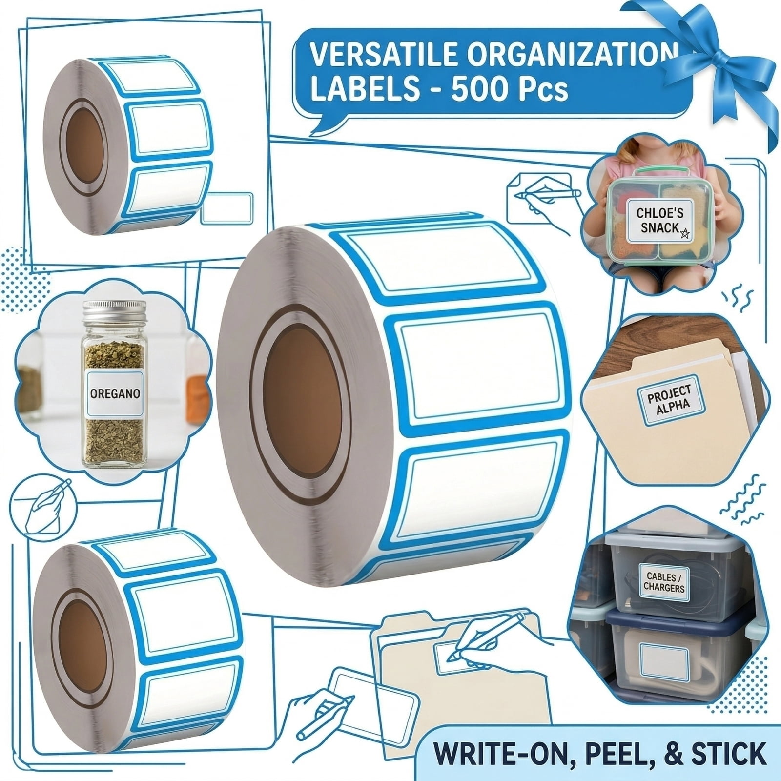 500PCS Name Tag Stickers Roll Self Adhesive Writable Labels Blue Border ...